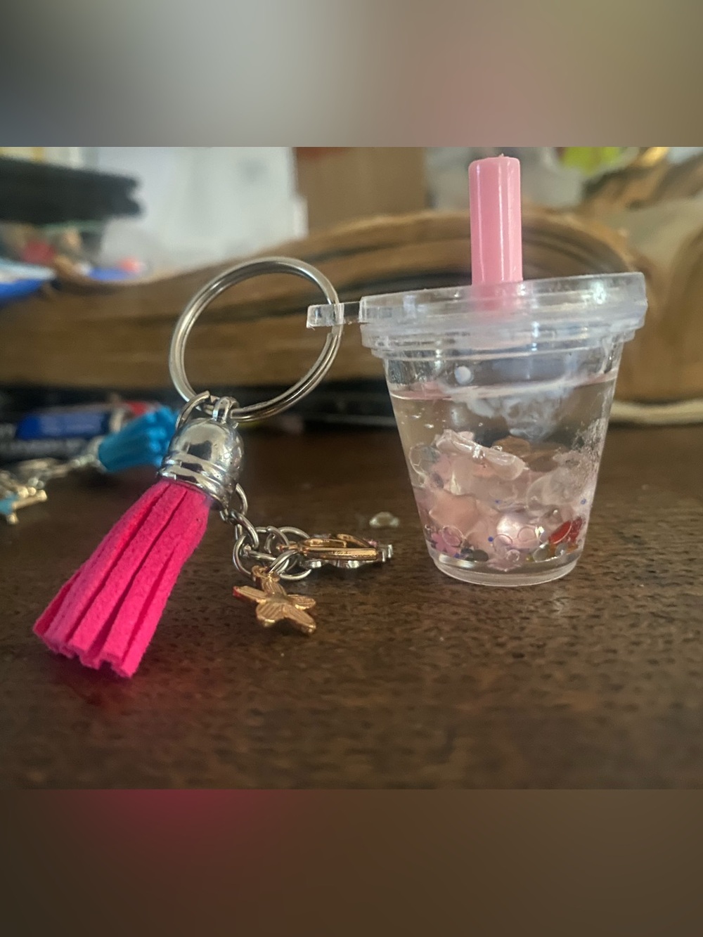 Pink Tassel Drink Cup Keychain hello kitty Charm with Gold Star y
